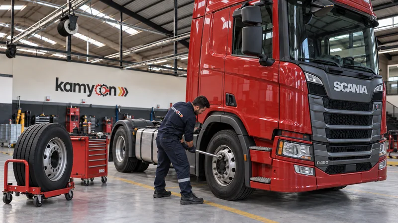 Kırmızı çekicinin ön lastiğinde servis çalışması