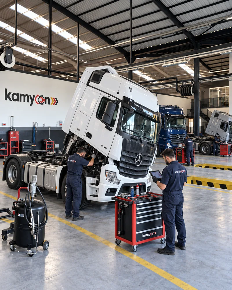 Birden fazla kamyonun bulunduğu atölyede servis çalışması