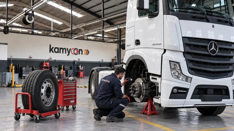 Ön tekerleği sökülmüş kamyonun fren sistemi kontrolü