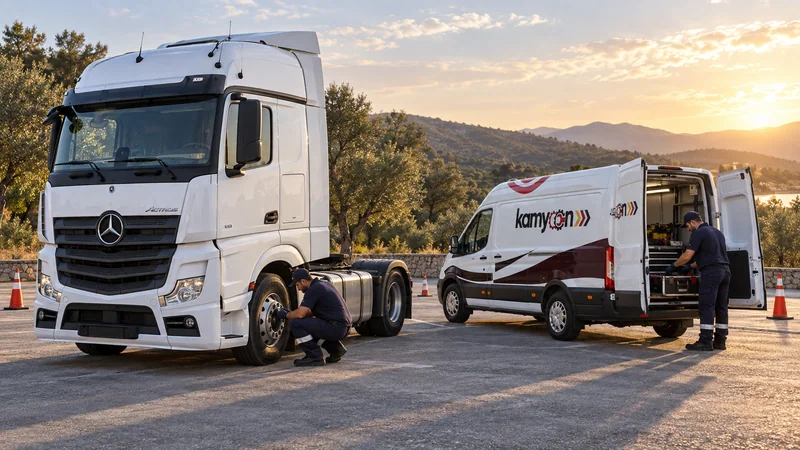 Kamyon yanında mobil servis aracıyla yerinde yol yardım